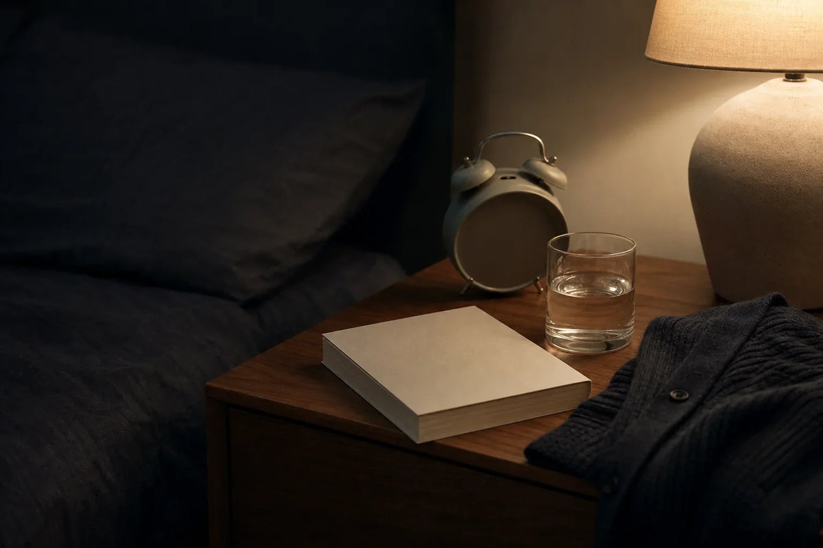 Warm bedside lamp, water glass, folded cardigan, and blank book for a gentle transition from late weekend plans to sleep