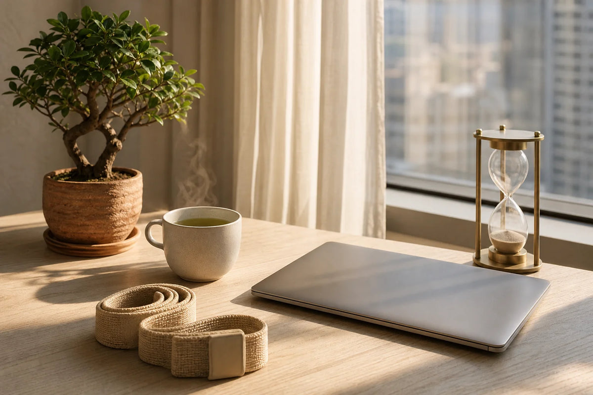 Closed laptop, green tea mug, coiled mobility band, and hourglass on a light ash-wood standing desk for movement snacks guide