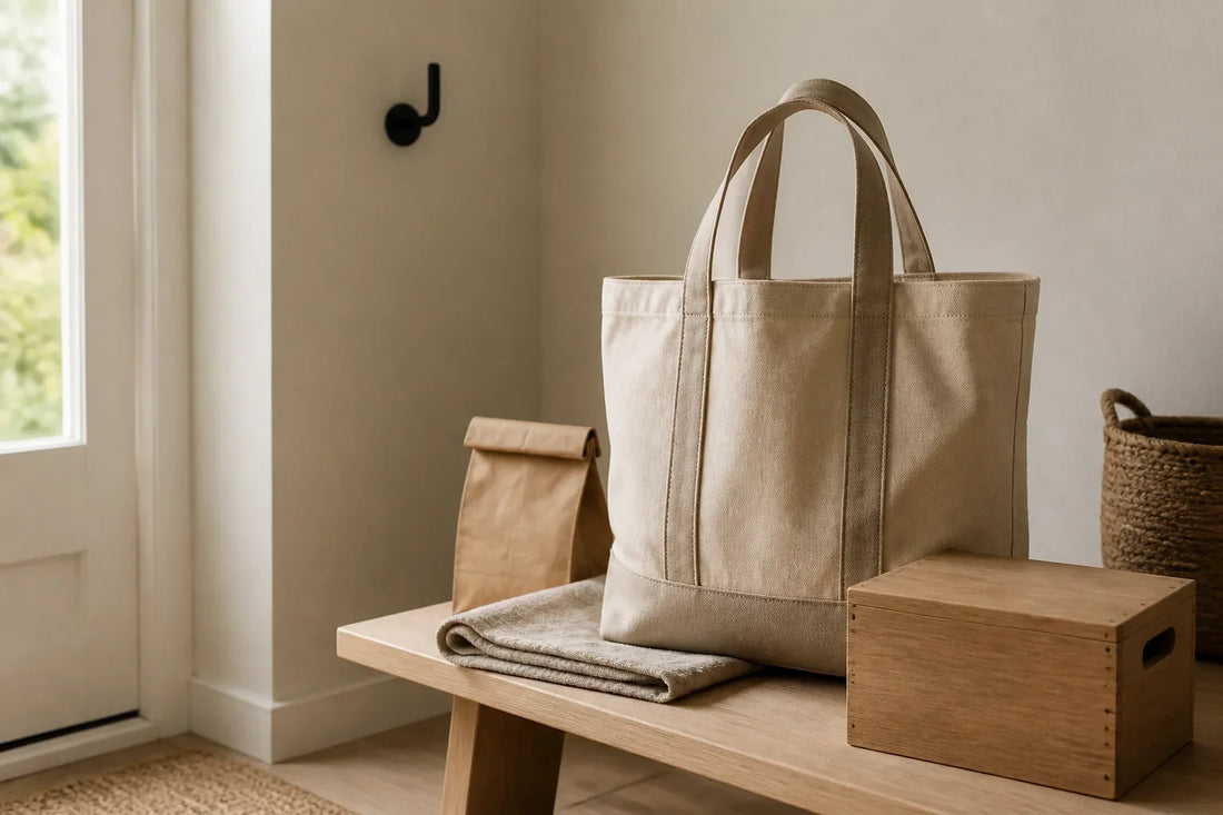 Neutral canvas tote and wooden box on a home entryway bench for grip, scapular support, and everyday carry practice