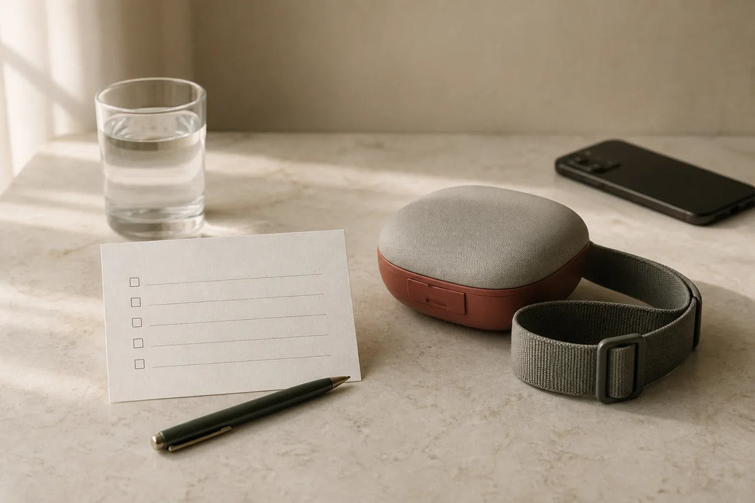 Closed wearable warmth device, safety card, water glass, and phone on a calm table for a pause-before-use check