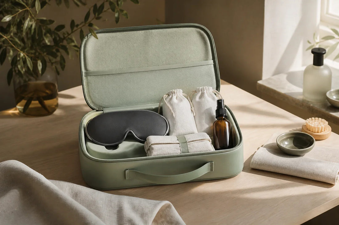Mint-green case, heated eye mask, linen pouches, and amber mist bottle on an ash-wood table for eye wellness maintenance