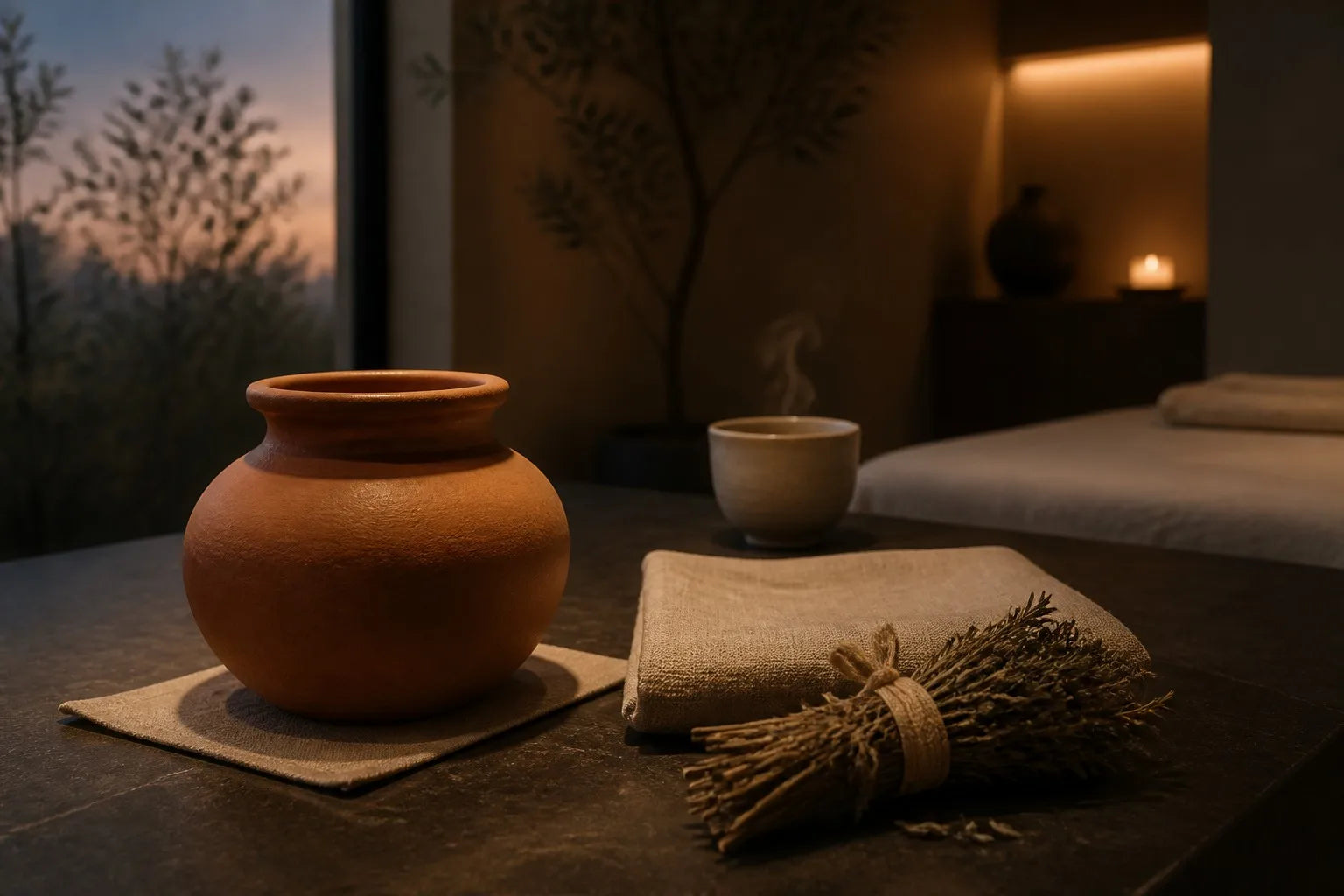 Warm neutral wellness setting for a gentle navel warmth evening routine