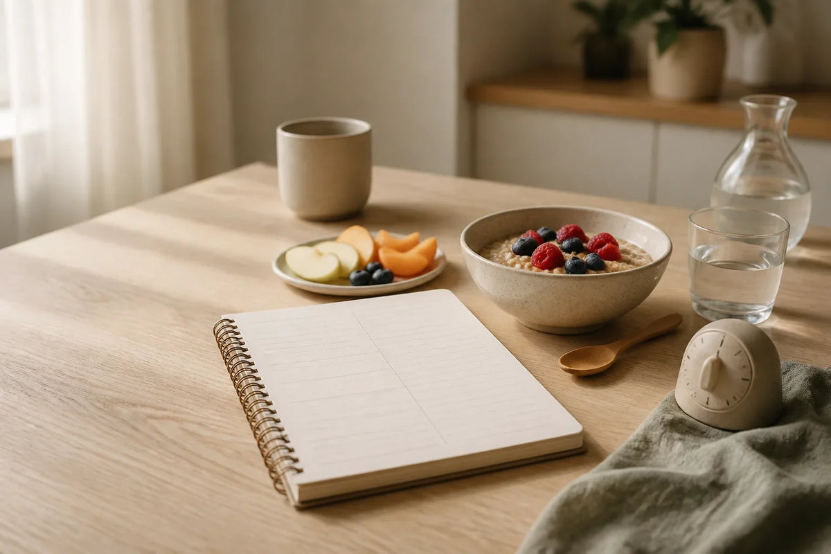 Blank meal-planning notebook, warm oats, fruit, and water on a calm kitchen table for flexible PMS appetite planning