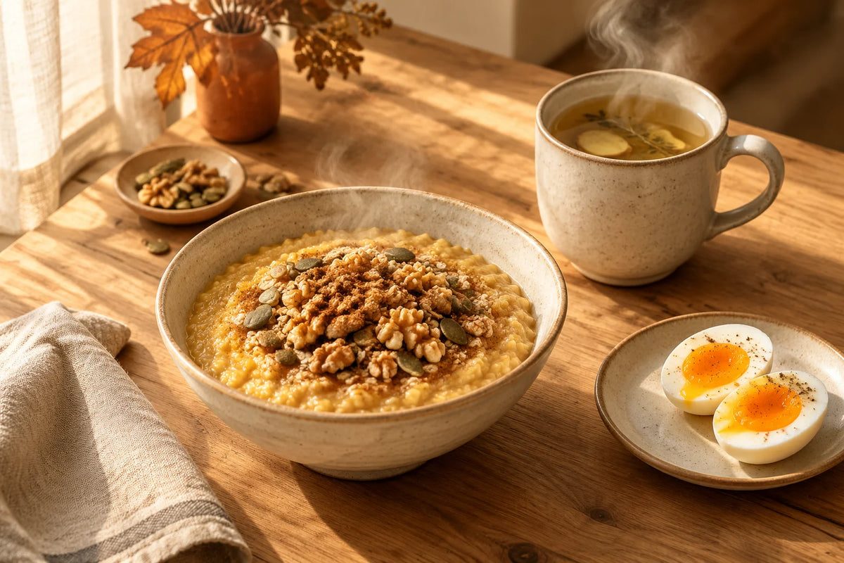 Steaming bowl of warm millet oats, ginger herbal tea, soft-boiled eggs, and linen napkin on an ash-wood table for warm breakfast guide