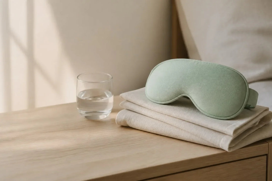 Unbranded eye wellness mask and folded linen for a home care routine