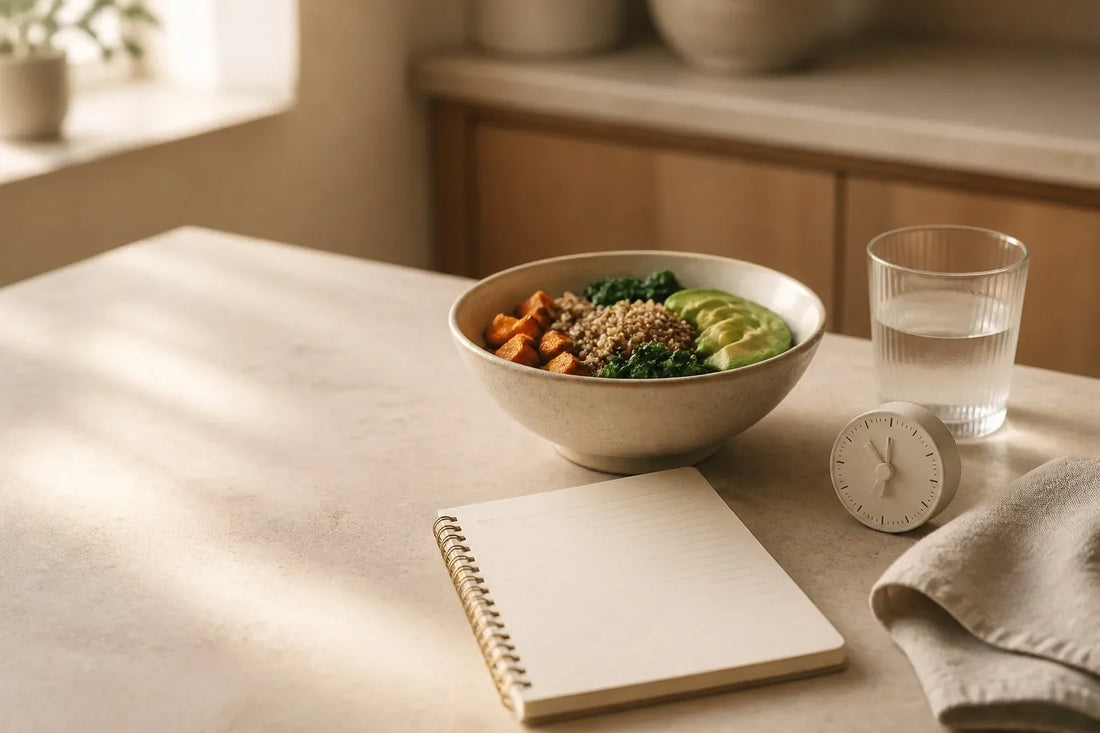 Warm meal, blank food log, and timer on a quiet kitchen table for observing meal timing and bloating patterns