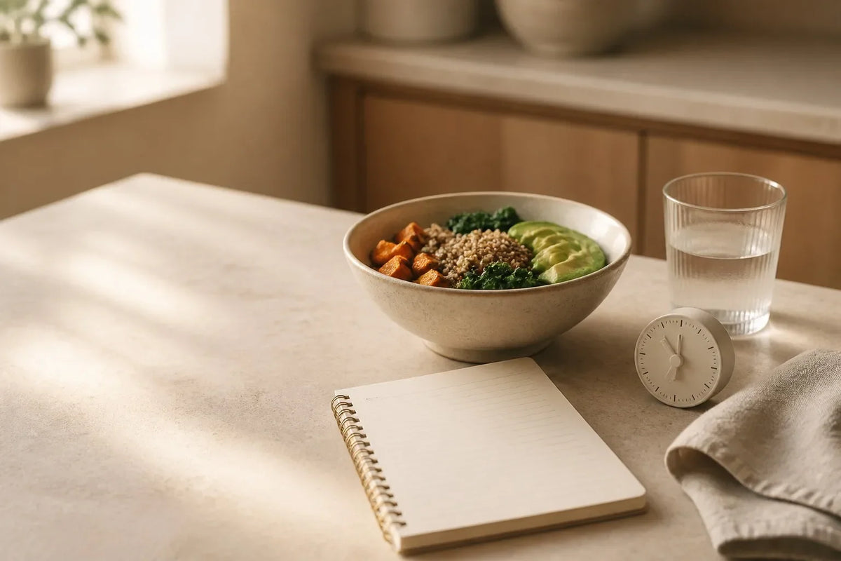 Warm meal, blank food log, and timer on a quiet kitchen table for observing meal timing and bloating patterns