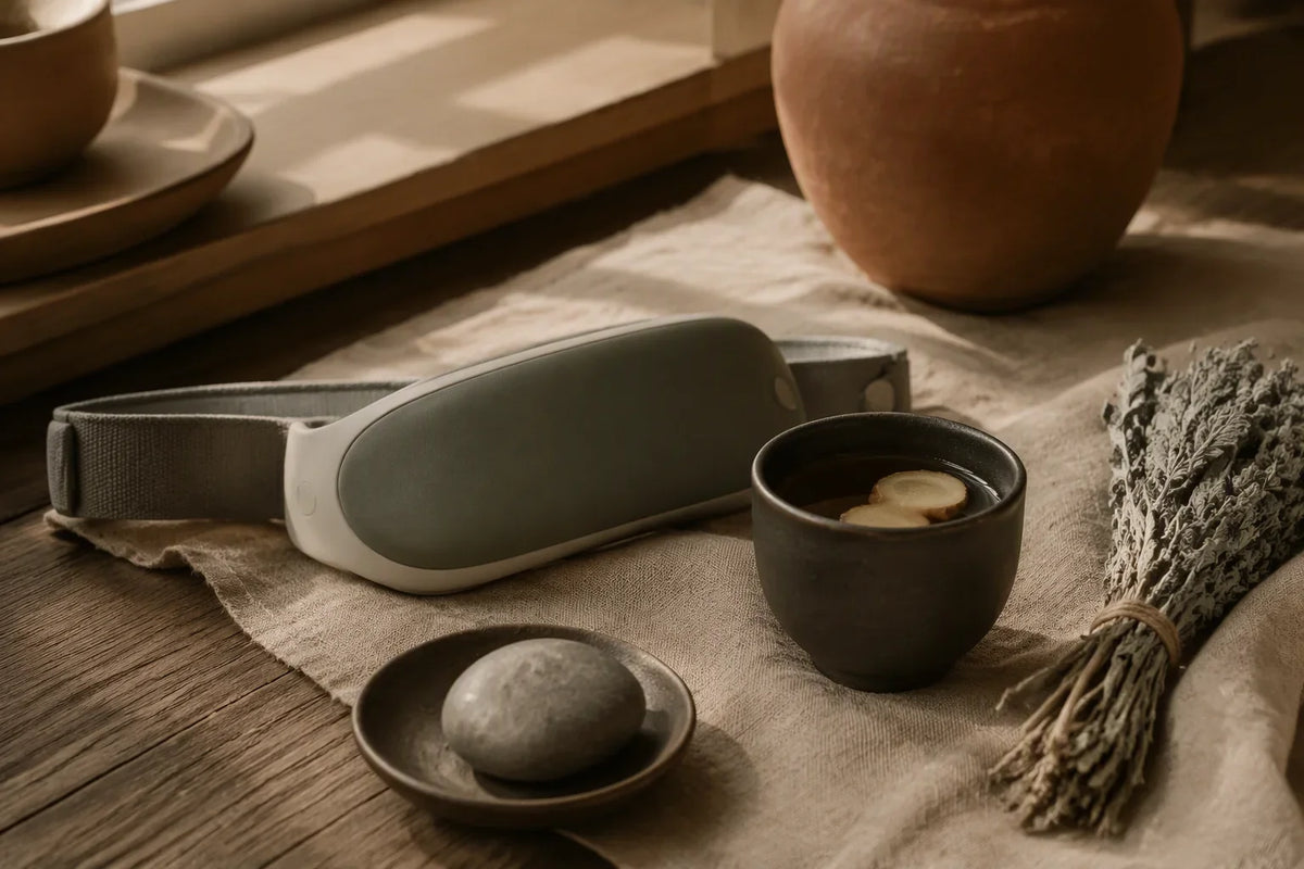 Wearable abdominal warming device, herbal ginger infusion, linen cloth, and dried mugwort on an oak table