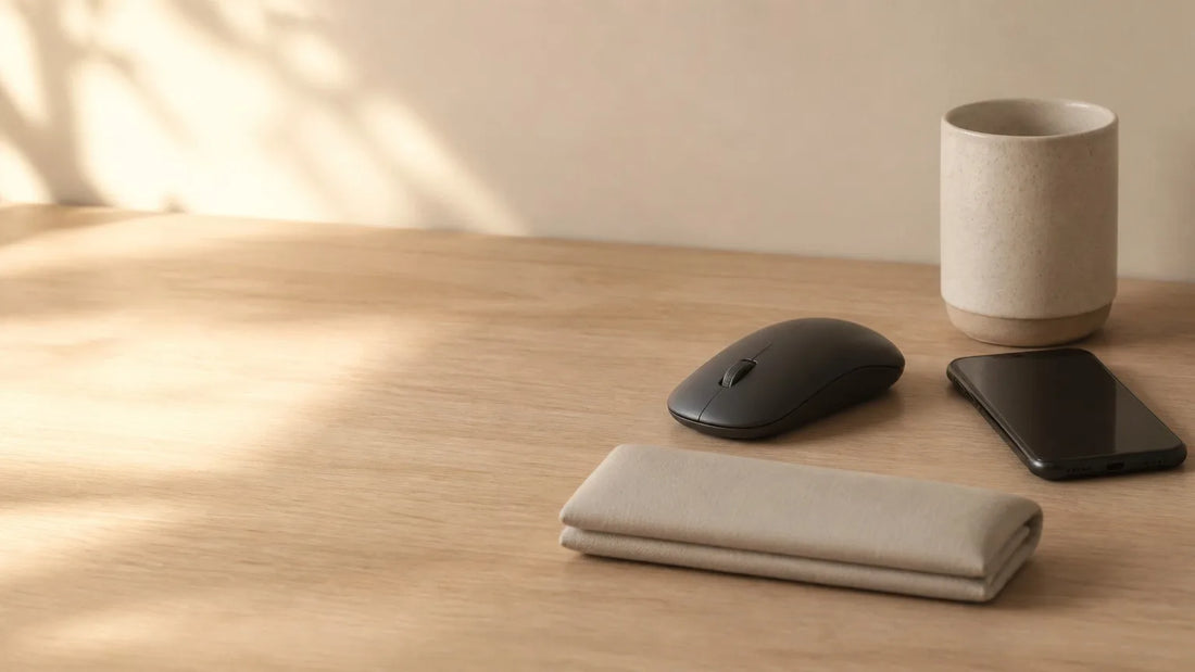 Mouse, closed smartphone, and wrist support on a calm home desk
