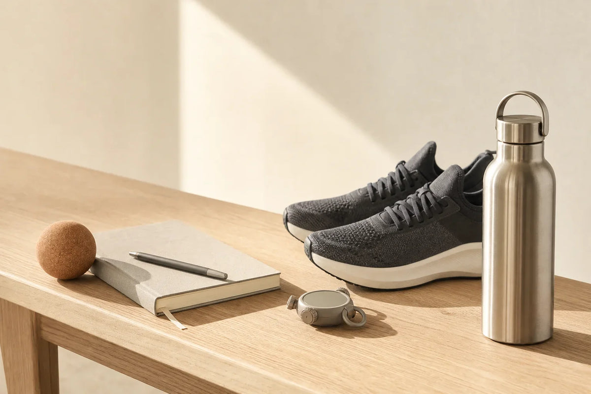Minimalist athletic shoes, cork massage ball, water bottle, and blank journal on a wooden bench for training and recovery load management
