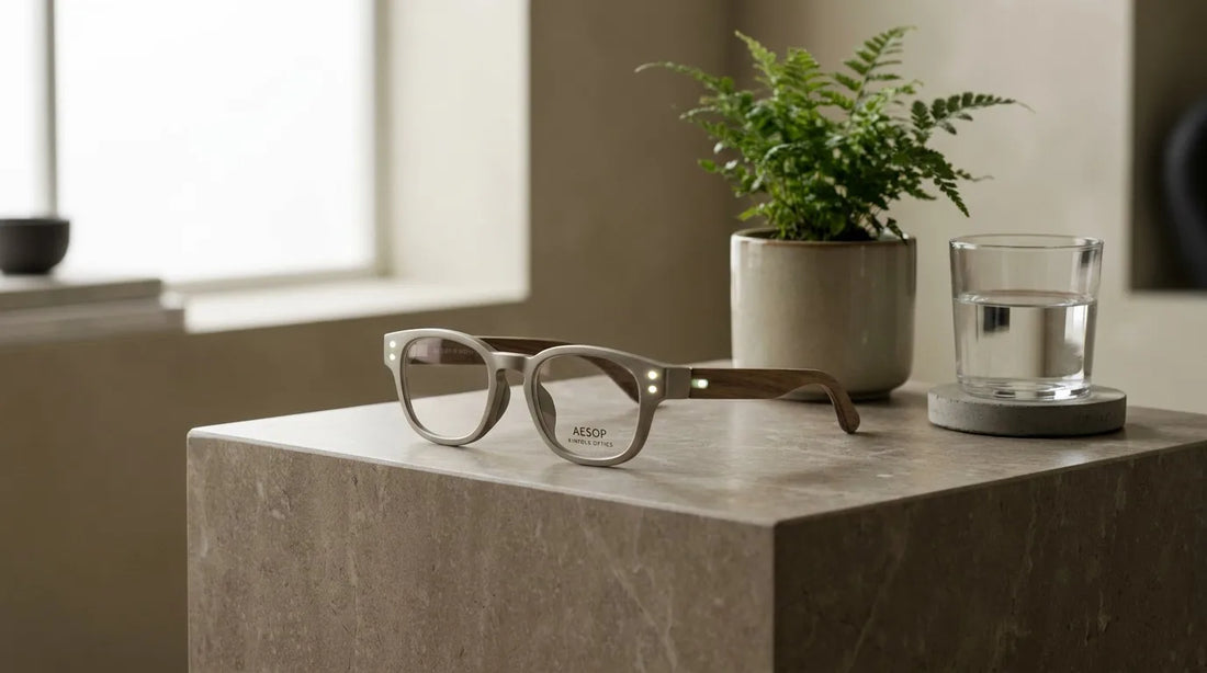 Unbranded eye wellness device setting with soft neutral light and folded linen