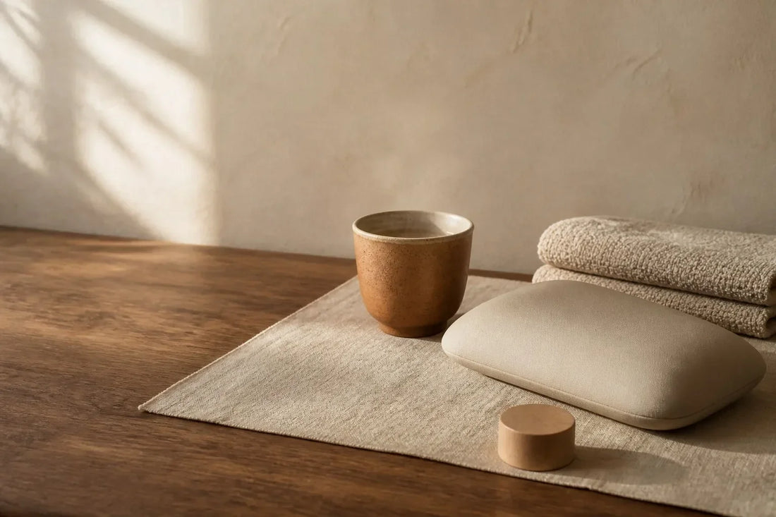 Warm ceramic cup and neutral wellness setting for a comfortable home warmth ritual