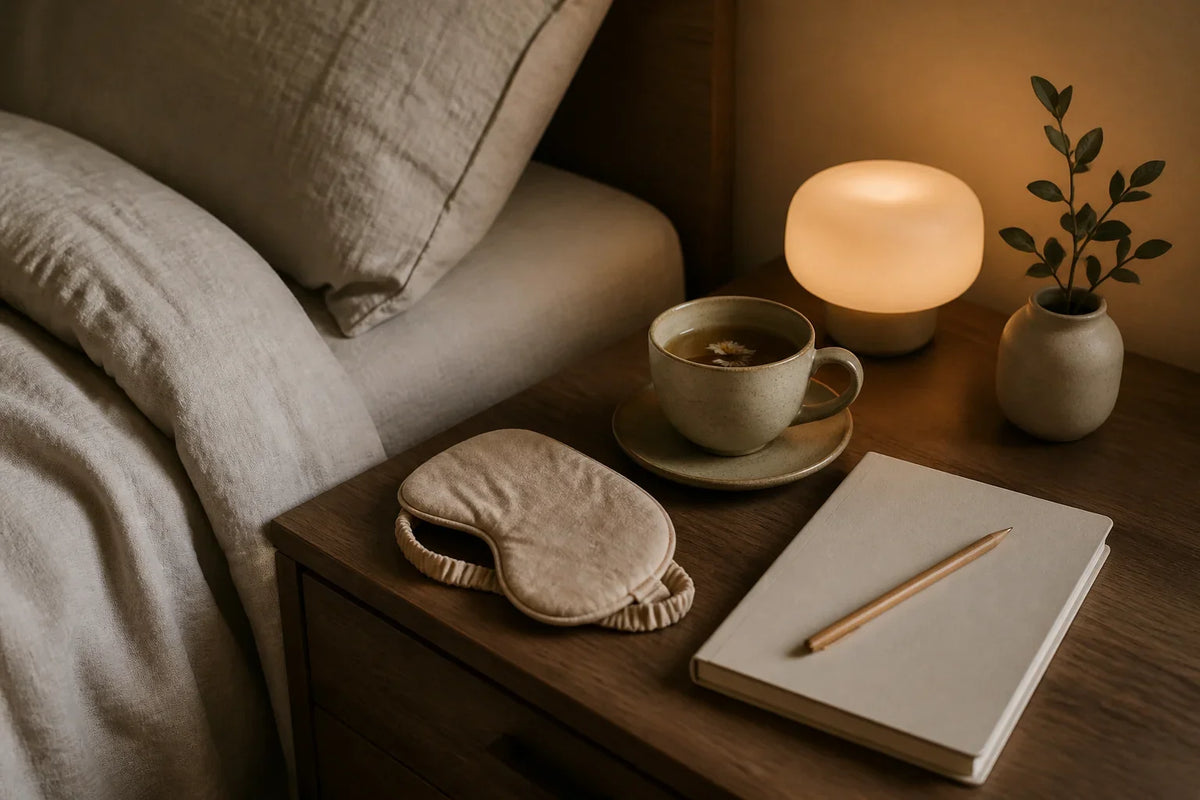Linen sleep mask, warm herbal tea mug, blank reflection journal, and amber bedside lamp on walnut table for a two-night sleep reset