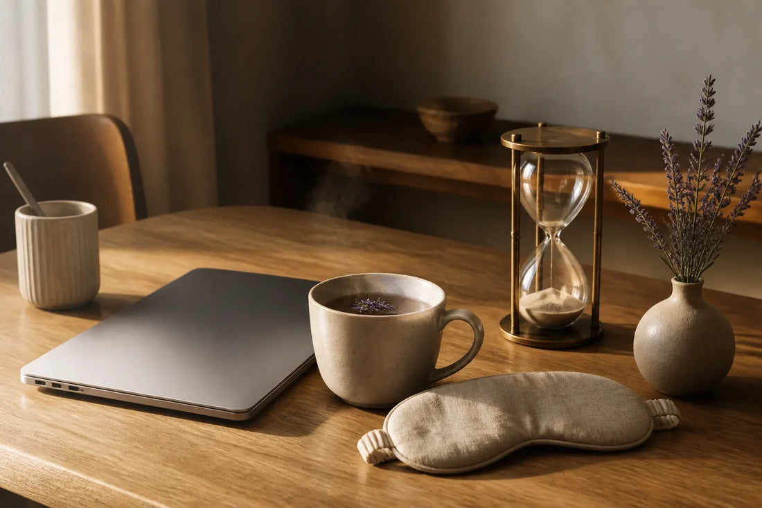 Closed laptop, herbal tea mug, linen sleep mask, and hourglass on an oak desk for comparing sleep coaching tools