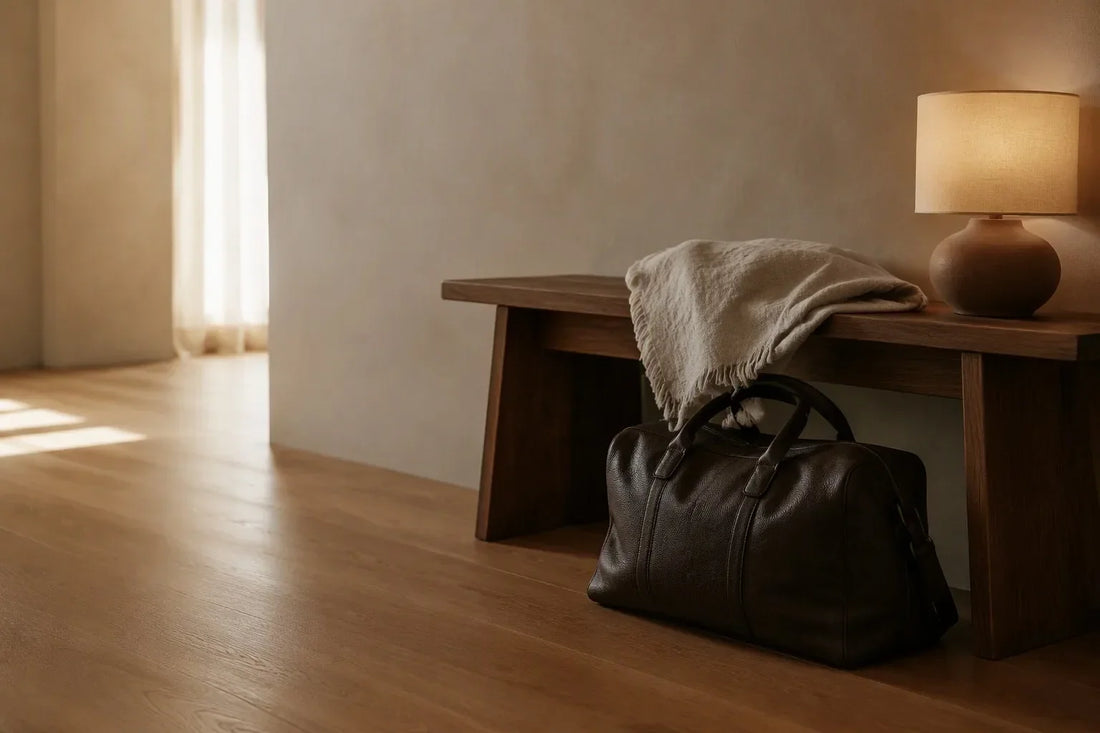 Unbranded work bag and warm home setting for an evening transition routine
