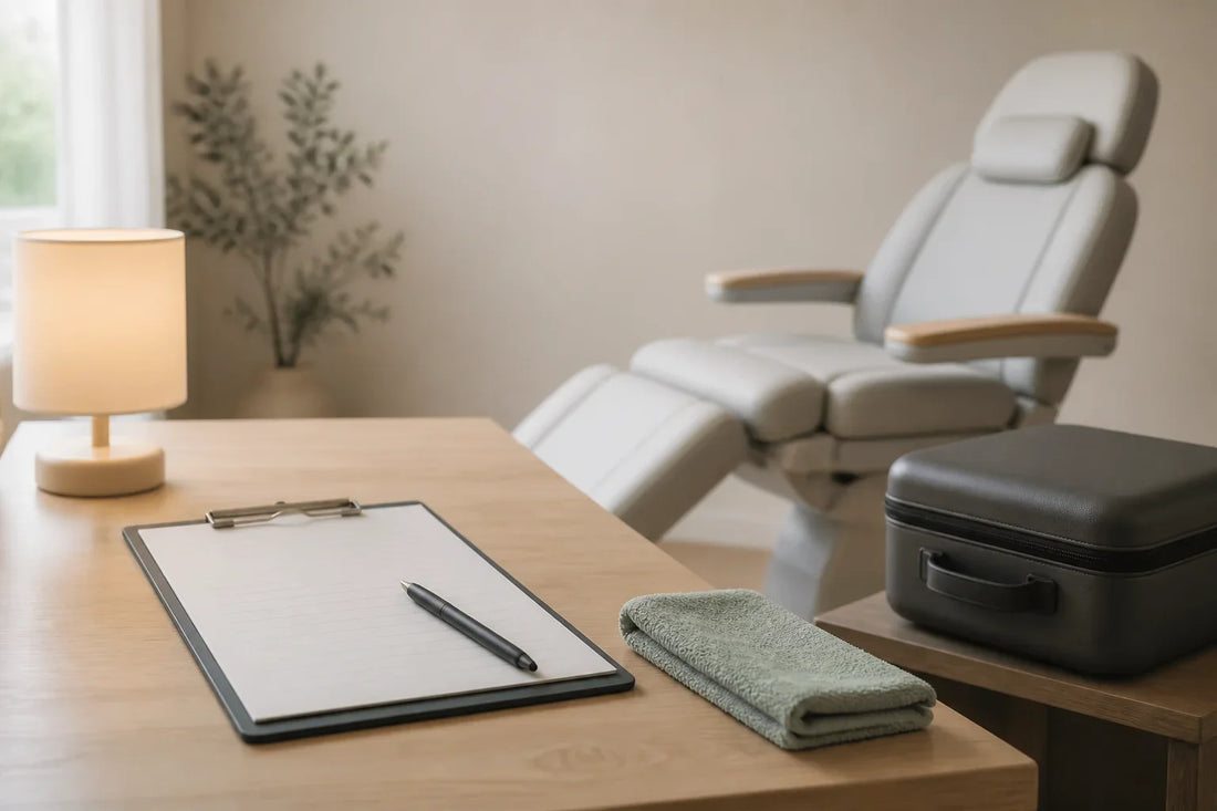 Consultation clipboard, treatment chair, storage case, and lamp in a calm eye wellness studio for choosing a JISU configuration