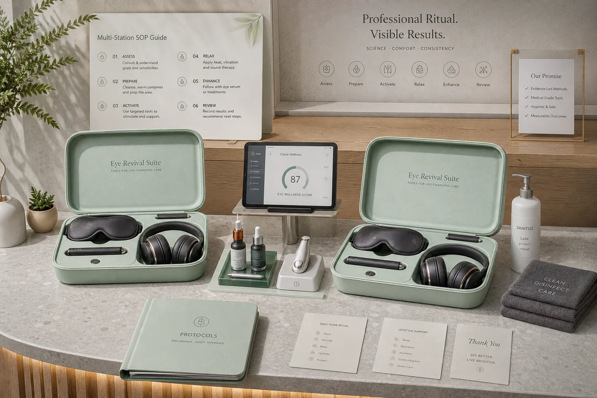 Mint-green tool cases, heated eye masks, relaxation headphones, and mist bottles on a clinic counter for multi-station setup