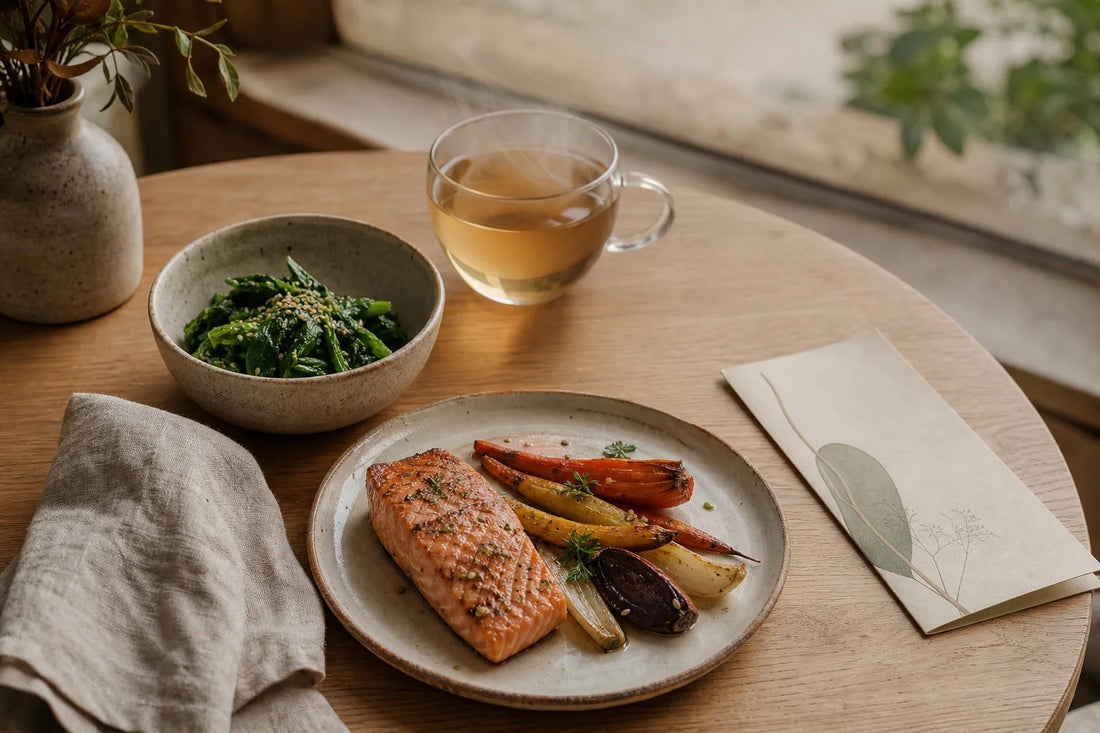 Steamed greens, grilled salmon, warm tea, linen napkin, and a menu on an ash-wood table for restaurant dining guidance