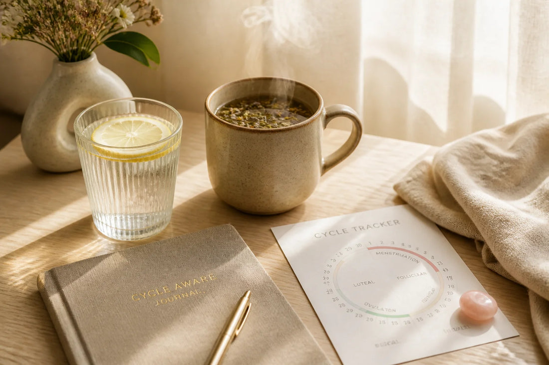 Glass of warm lemon water, herbal tea mug, linen journal, and brass pen on an ash-wood table for cycle hydration guide