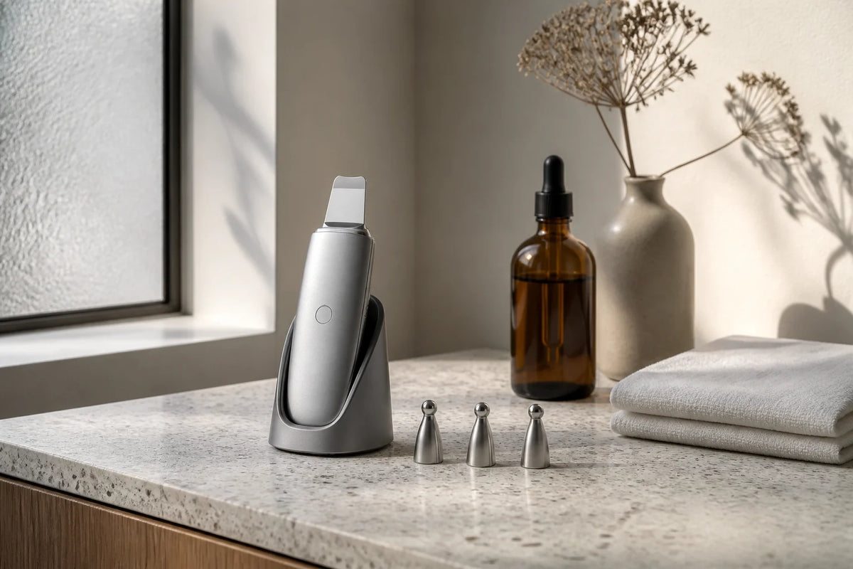 Ultrasonic beauty device on display stand with three probe heads, botanical gel bottle, and linen towel on a vanity