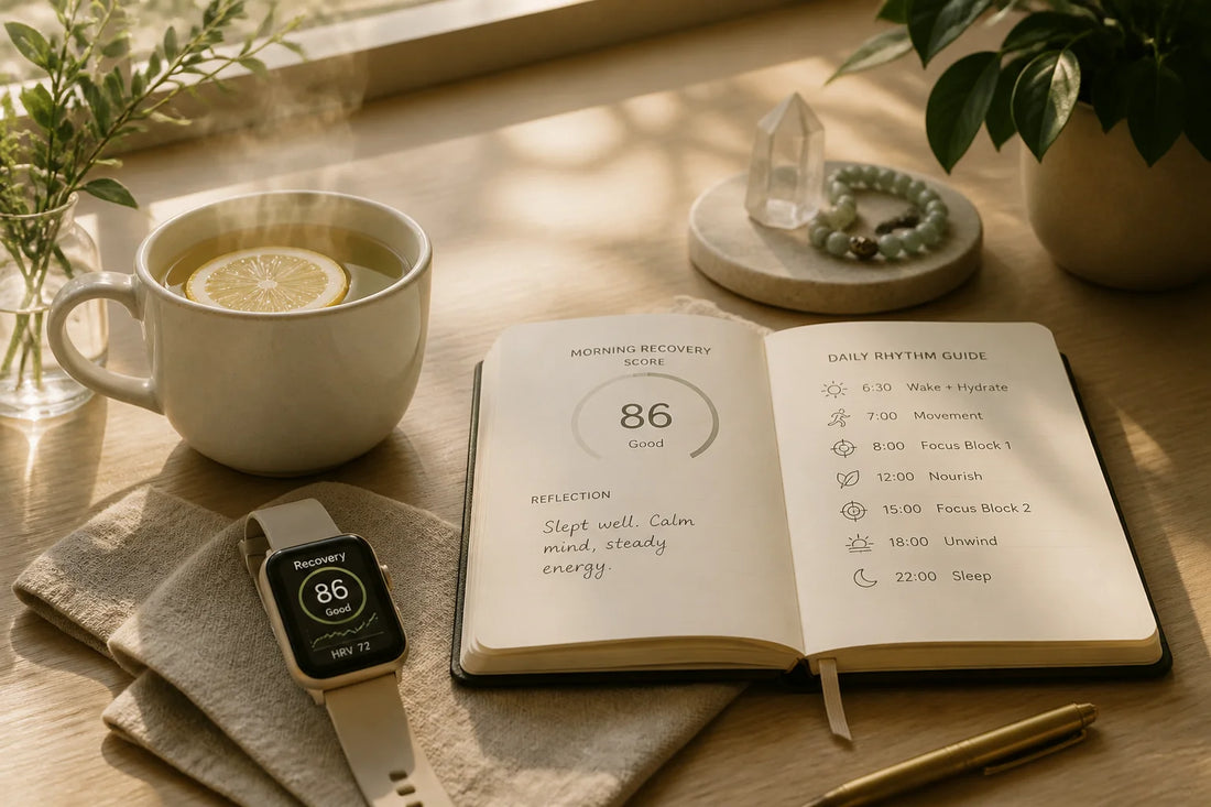 Ceramic mug of warm water, smartwatch on linen mat, open journal, and brass pen in morning light for recovery score guide