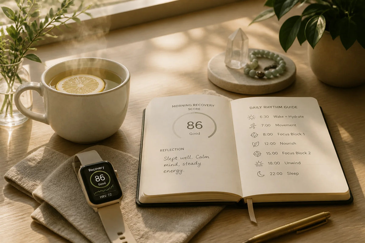 Ceramic mug of warm water, smartwatch on linen mat, open journal, and brass pen in morning light for recovery score guide