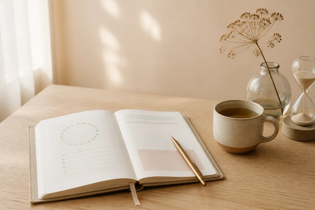 Open linen journal, brass pen, warm herbal tea mug, and hourglass on an oak desk for cycle pattern journaling