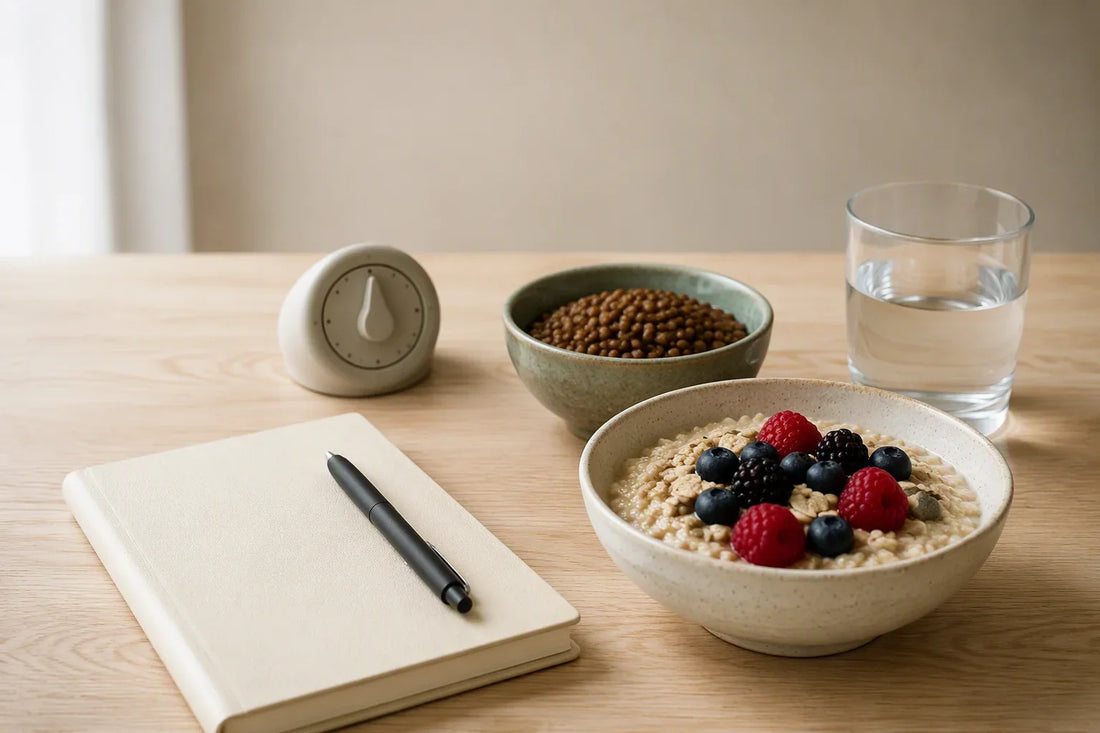 Oats, cooked lentils, water glass, and blank food journal on a kitchen table for a gradual fiber transition