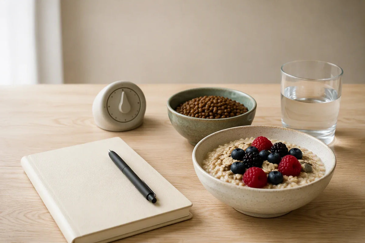 Oats, cooked lentils, water glass, and blank food journal on a kitchen table for a gradual fiber transition