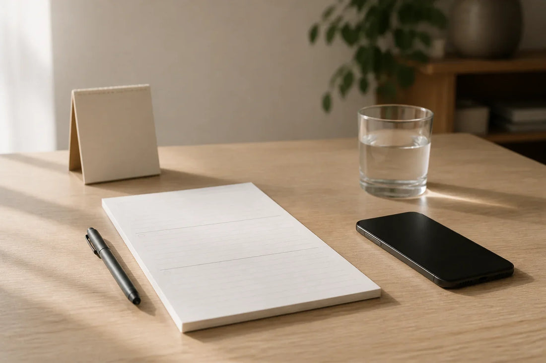 Blank three-page check-in sheet, pen, water glass, and face-down phone on a calm desk for starting an AI wellness coach routine